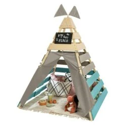 Muddy Buddy Tipi-Zelt Dreamer L X B: 135 X 135 Cm, Holz, Natur/Warmgrau/Petrolblau