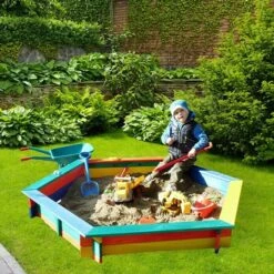 Promadino 6-Eck-Sandkasten Fynja 173 X 148 X 21 Cm, Kiefer, Bunt